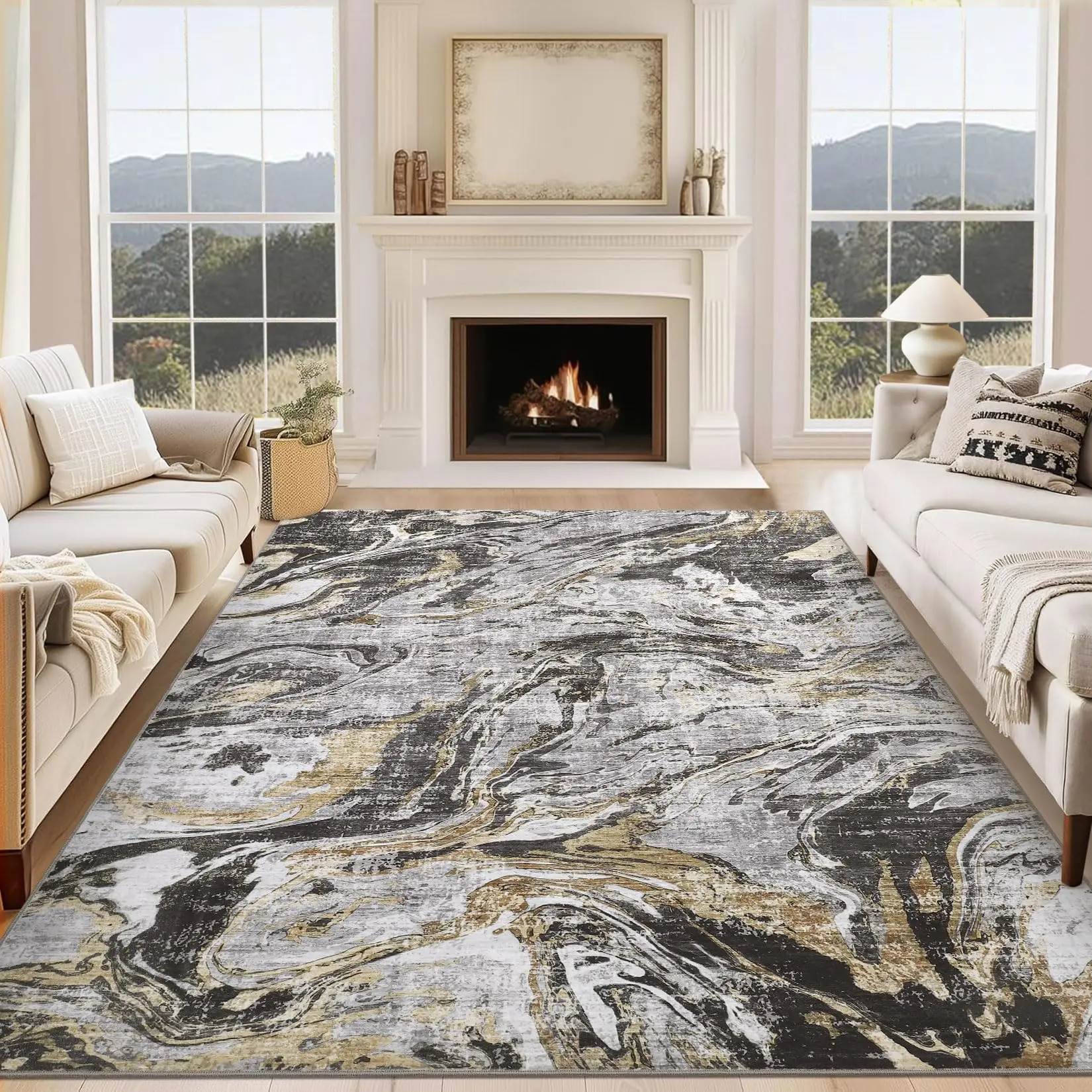 Garvee 8x10 Machine Washable Area Rug - Non-Slip, Soft Low Pile Modern Abstract Design, Foldable for Living Room, Bedroom, Nursery, Dining Room, Office - Gray Floor Carpet
