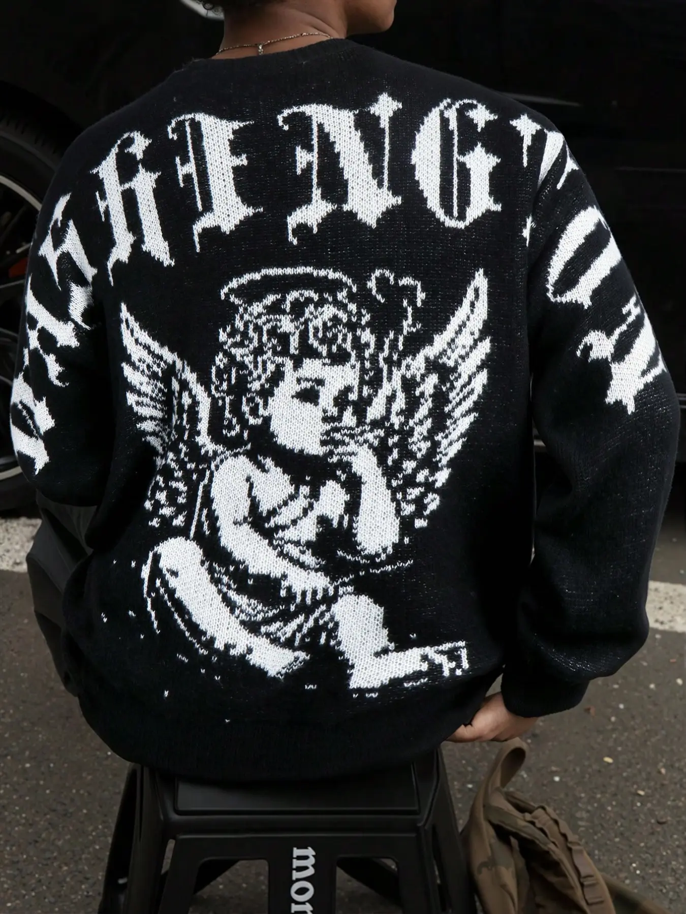 Autumn Winter High Street Angel Cartoon Pattern Knit Sweater, Long Sleeve Round Neck, Casual Retro, Baggy, Suitable for Daily Wear