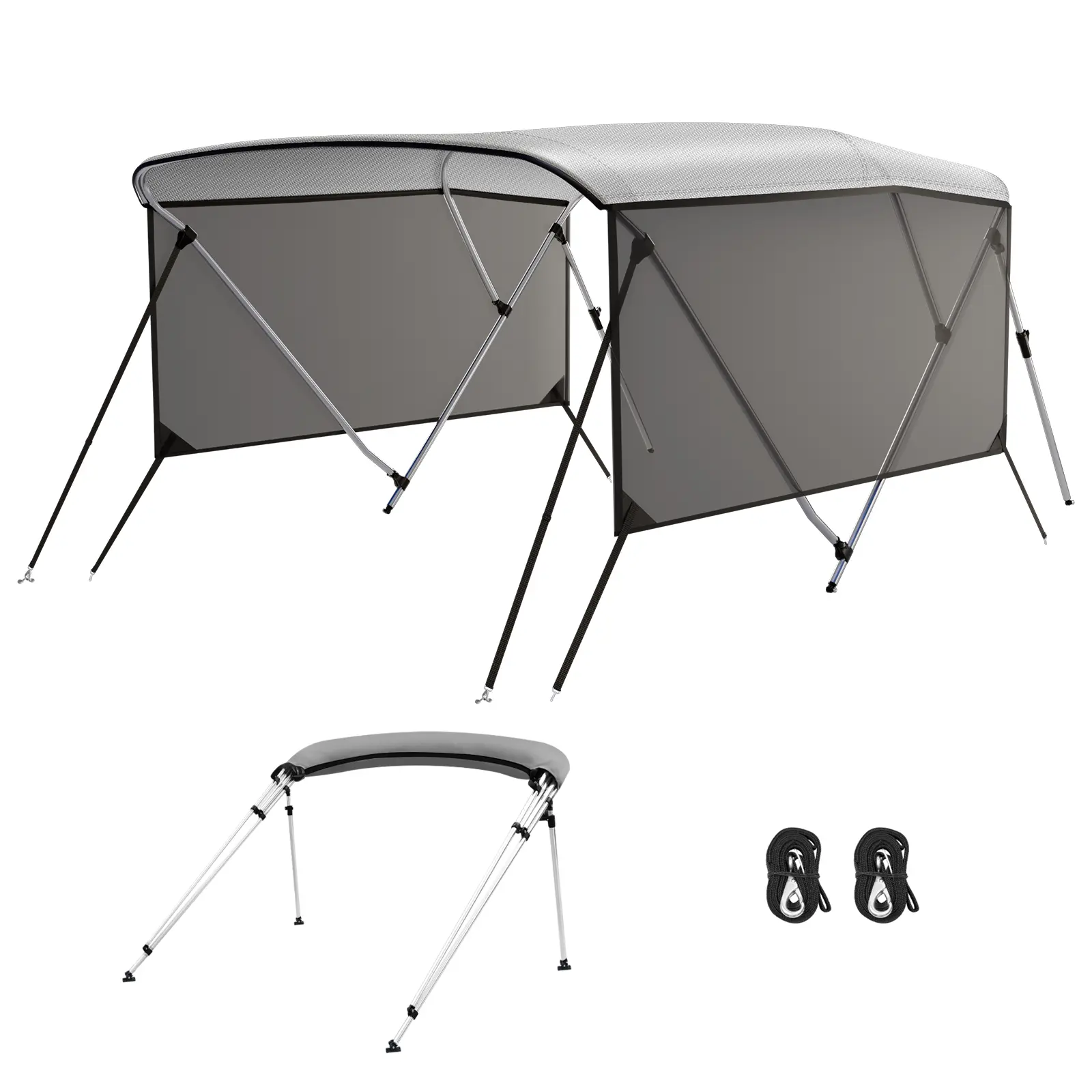 GAOMON Marine Grade 3 Bow Bimini Top for Boats – Canvas Canopy with Mesh Sidewalls, 2 Removable Curtains, 2 Rear Support Poles, Adjustable Windproof Ropes, Zippered Storage Boot, 1" Aluminum Frame, Sun Protection for Pontoon/Fishing Boats