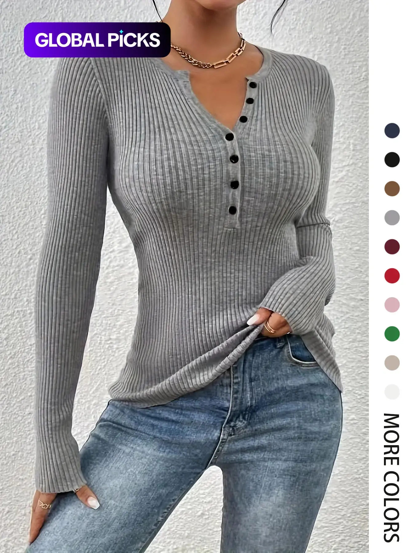 Women's Plain Button Front Ribbed Sweater Tops, 2025 Elegant Chic Slim Fit Long Sleeve Round Neck Jumper Tops for Spring, Fashion Ladies' Knitwear for Daily Wear, Slim Fit Sweater for Women, Sweaters for Women