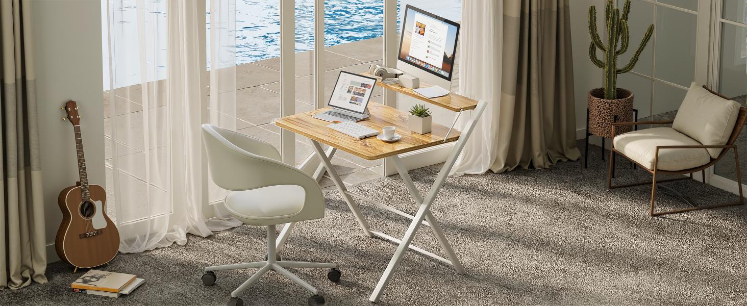 Portable Small Desk No Assembly, 2-Tier Compact Computer Desk with Shelf, Space Saving Foldable Table for Home Office, Bedroom or Apartment, Portable Collapsible Sturdy Laptop Desk, Oak