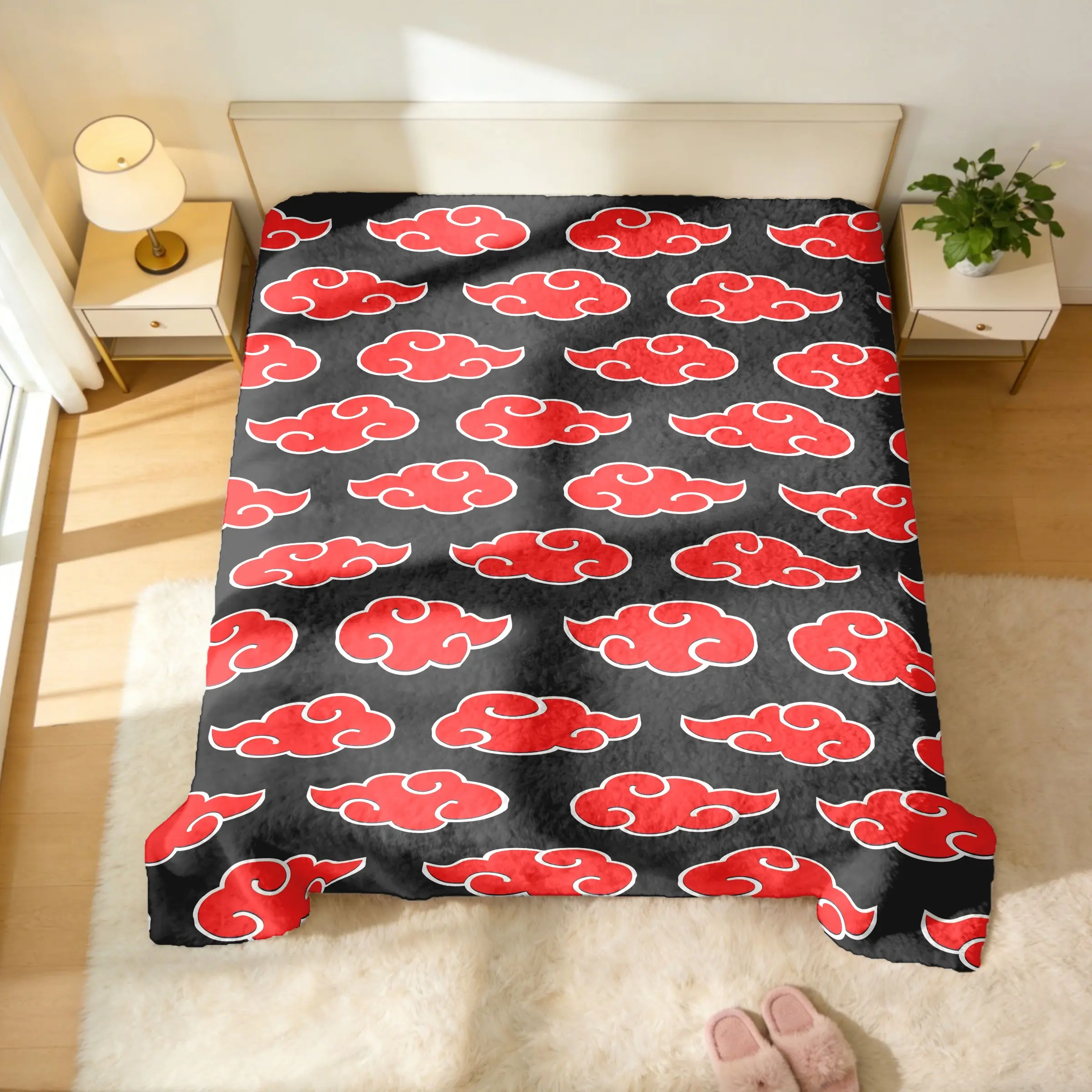 Naruto Akatsuki Red Cloud All Over Print Throw Blanket - Classic Akatsuki Symbol Repeating Pattern, Soft Flannel Warm Cover, Machine Washable, Multi-Scene Use, Must-Have Collectible Gift for Naruto Fans | Anime Home Decor Merchandise