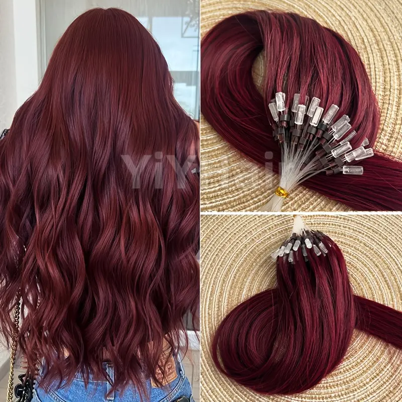 99J Burgundy Micro Loop Real Human Hair Extensions for Women, Natural Straight Loop Ring Closure Hair Pieces in Dark Red to Maroon Shades, Lightweight Easy‑Apply Seamless Blending Design, Perfect for Adding Volume & Length to All Hair Types
