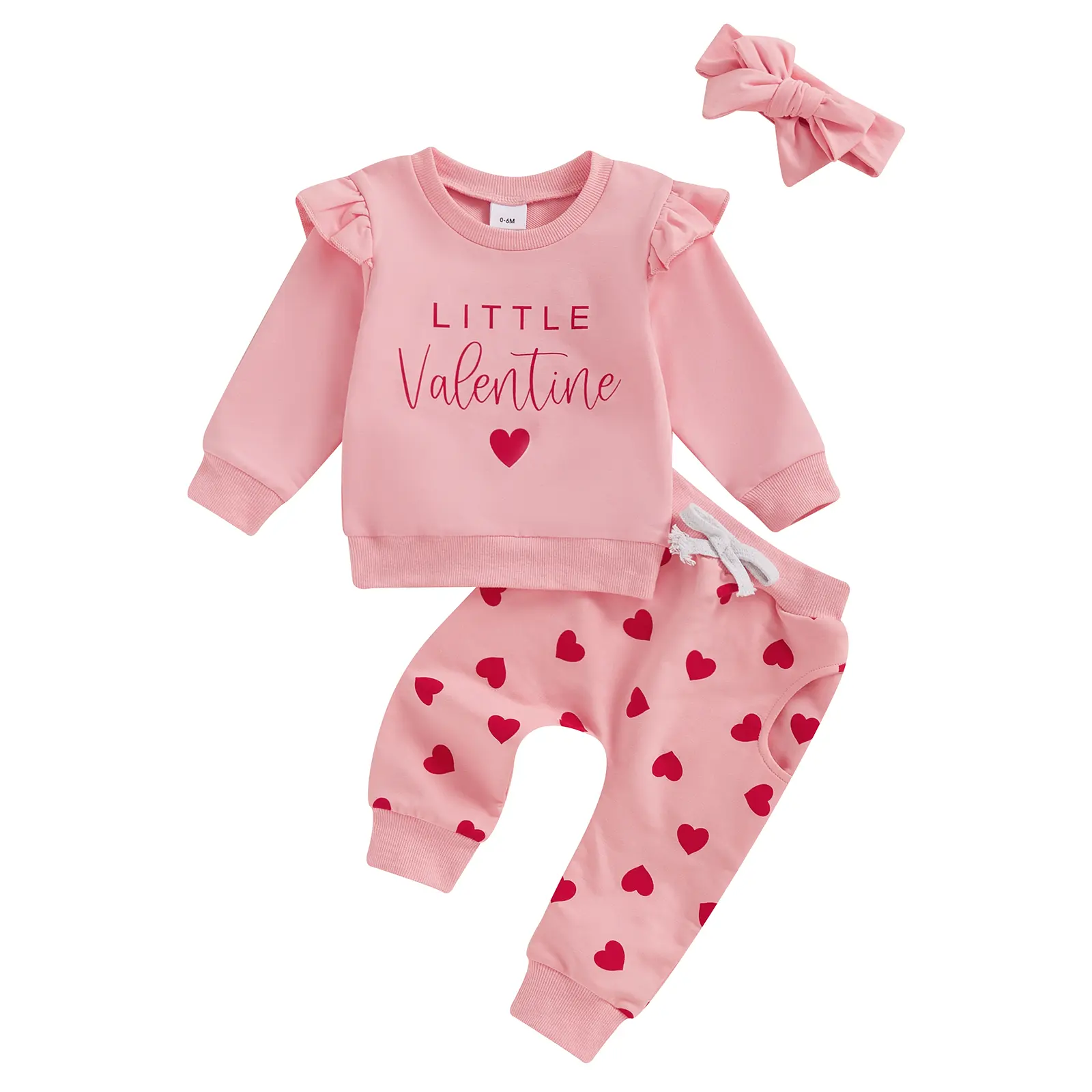 Valentine's Day Toddler Baby Girl Outfits Letter Print Flying Sleeve Sweatshirt with Heart Pattern Pants Headband