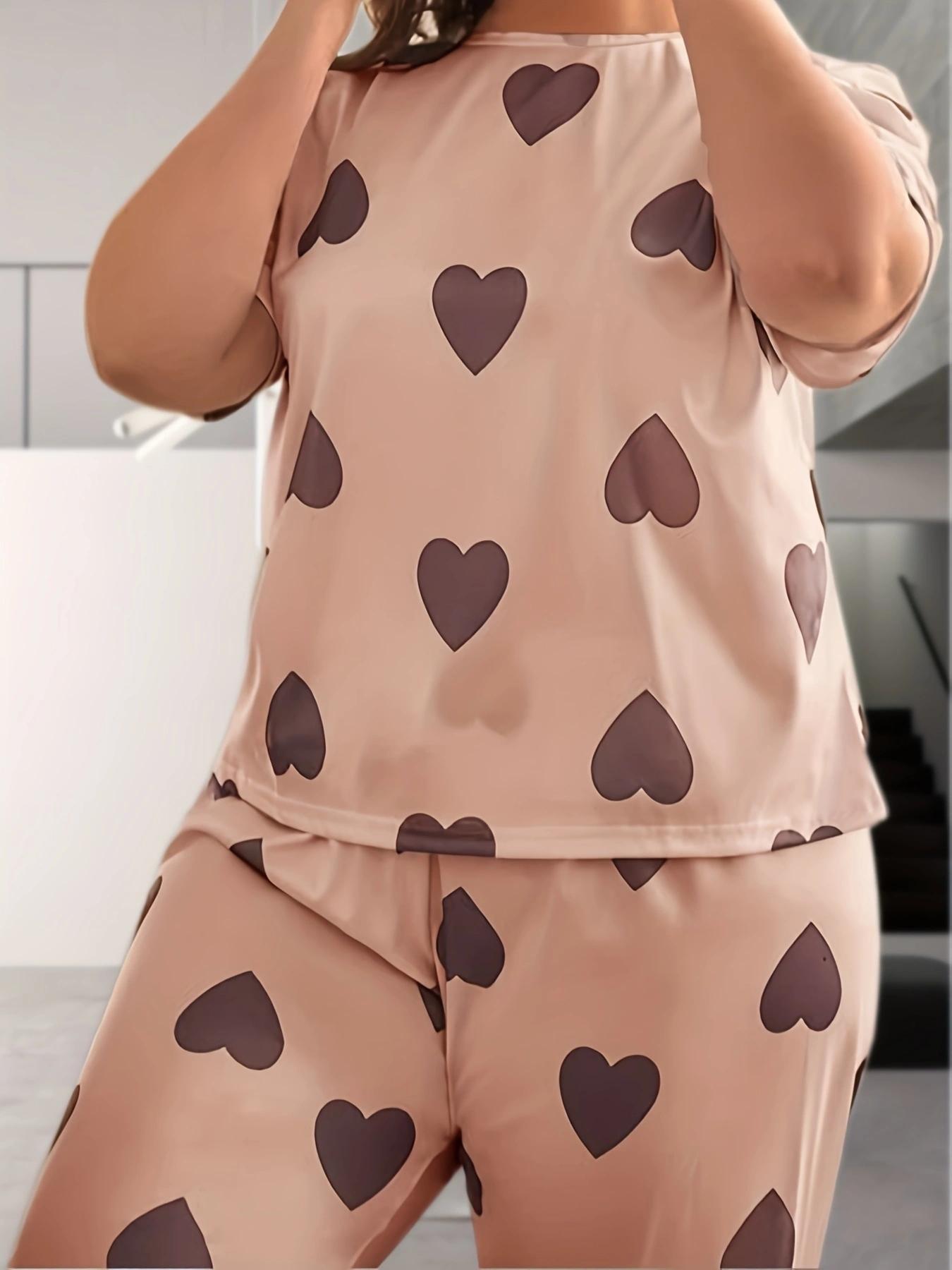 Plus Size Two-Piece Set Heart Print Drop Shoulder Tee & Elastic Waist Pants Pyjama Set, Casual Comfy Round Neck Short Sleeve T-shirt & Trousers Pj Set, Women's Sleepwear for All Seasons Valentine's Day, gift