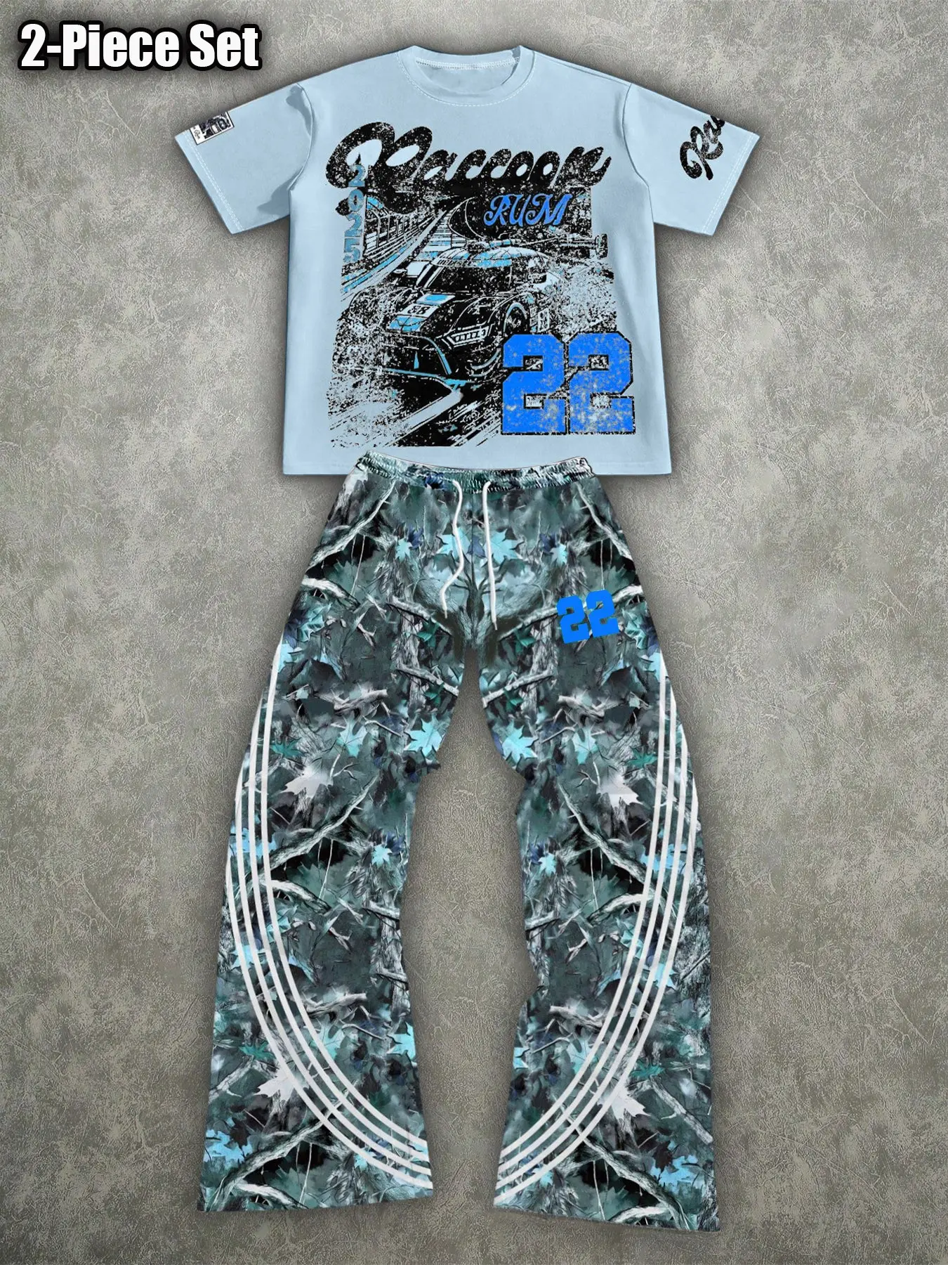 Men's Summer Two-Piece Set, American Retro Racing Theme Street Style, Short Sleeve Graphic T-Shirt + Camo Wide-Leg Pants, Casual Fashion Loose Fit