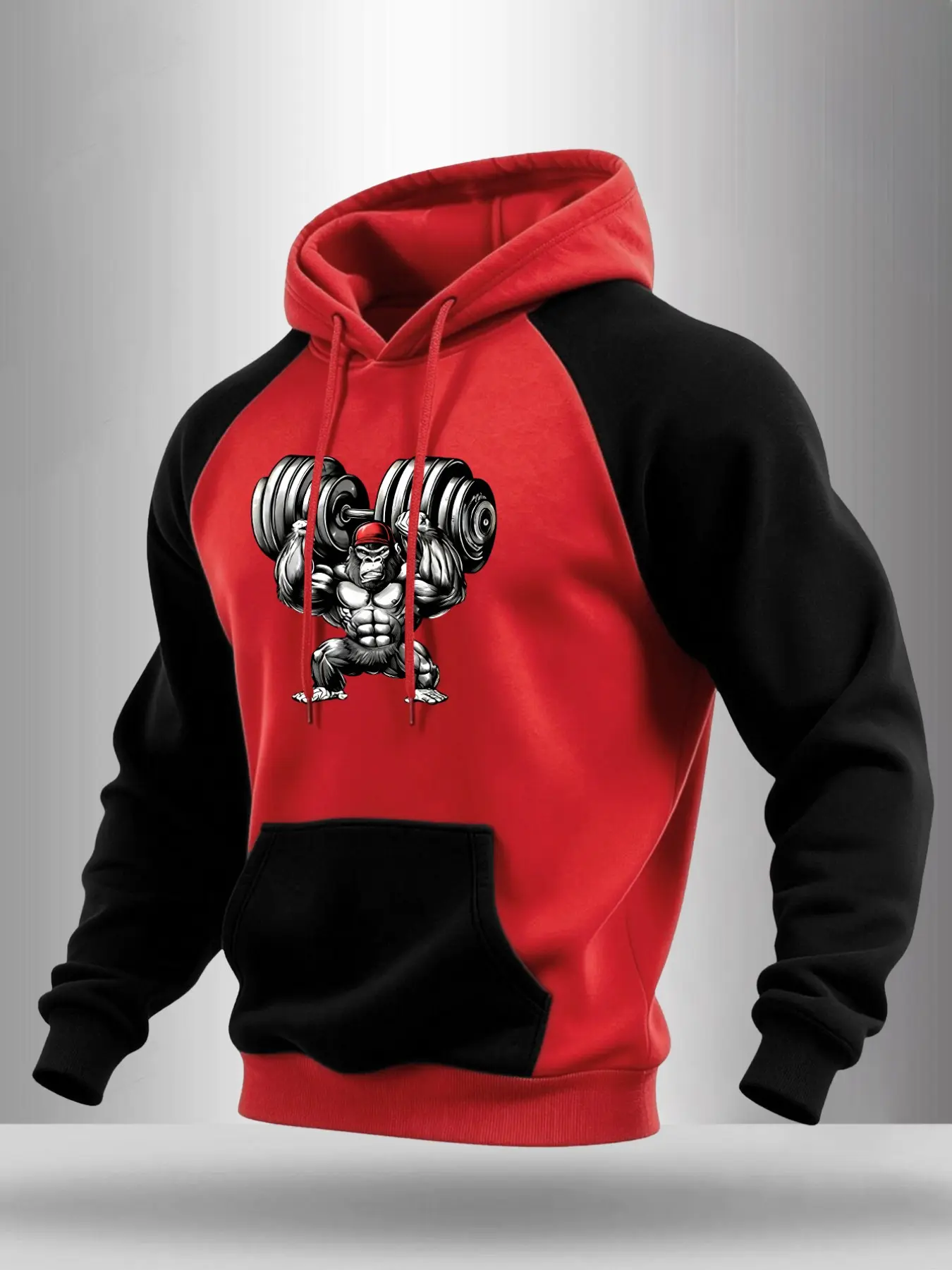 Men Raglan Sleeve Pullover Hoodie, Muscular Gorilla Lifting Dumbbells Graphic Print, Kangaroo Pocket Drawstring Soft Loose Gym Workout Weightlifting Street Sweatshirt #GymGorillaHoodie #RaglanFitnessTop #WeightliftingSweatshirt