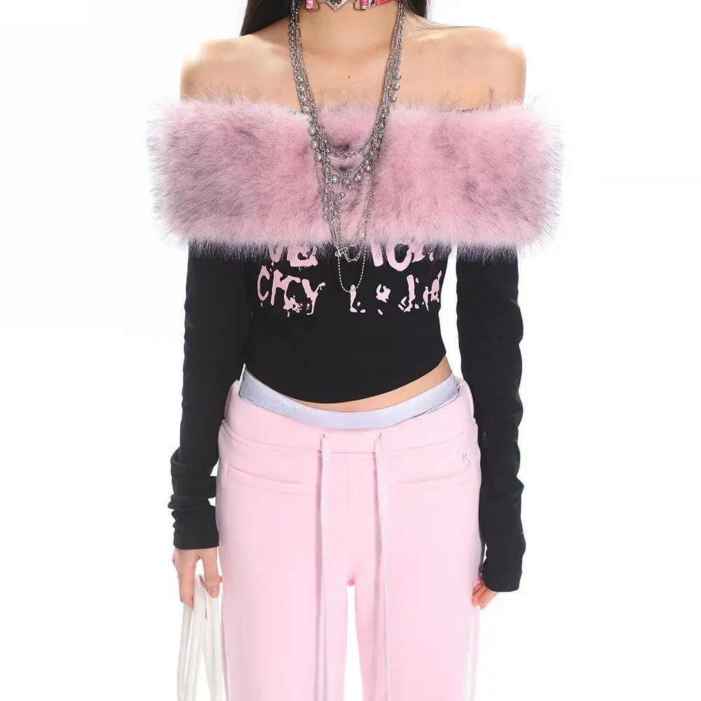 Furry Slash Neck Woman Faux Fur T Shirts Y2k Tops Letter Tunic Tees Spring Subculture Fashion Korean Off Shoulder Sexy Tshirts