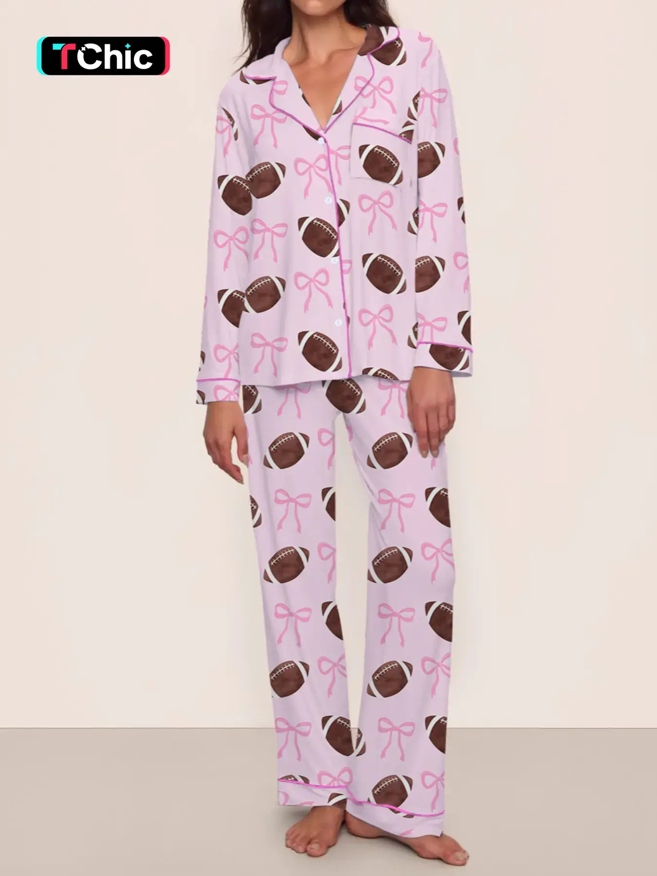 Coquette Football Pajama Set, Fall & Winter Long Sleeve Print Sleepwear Loungewear, Casual Comfy Pyjama, Comfortable Cute Party, Elastic Waist Pants, Fitted Style，footbal Lover sleepwear,cham Football pajamas,