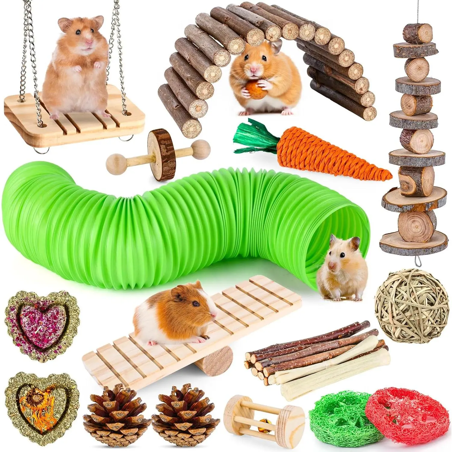 Hamster Toys Set, Guinea Pig Toys Small Animal Chewing Toy and Rat Cage Accessories, Chinchillas, Gerbils, Rats, Rabbit Rodents Teeth Care, Apple Wood Timothy Hay Mouse Toy Swing Seesaw Bridge,Halloween,Multi-Species,and Enrichment Toys