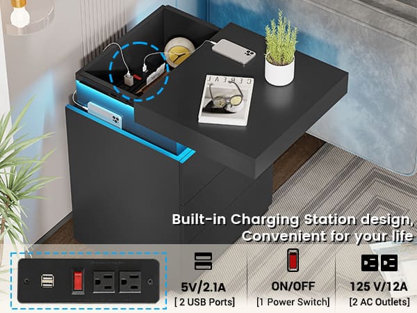 SIKAIC 2PCS Nightstand with LED Lights Charging Station Black