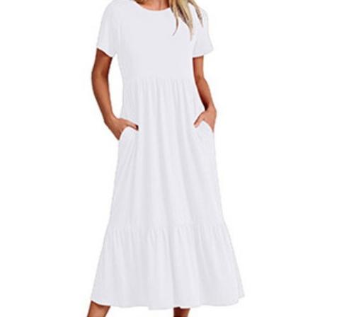 Classy Round Neck Ruched Bodice Solid Flowy A-Line Long Dress