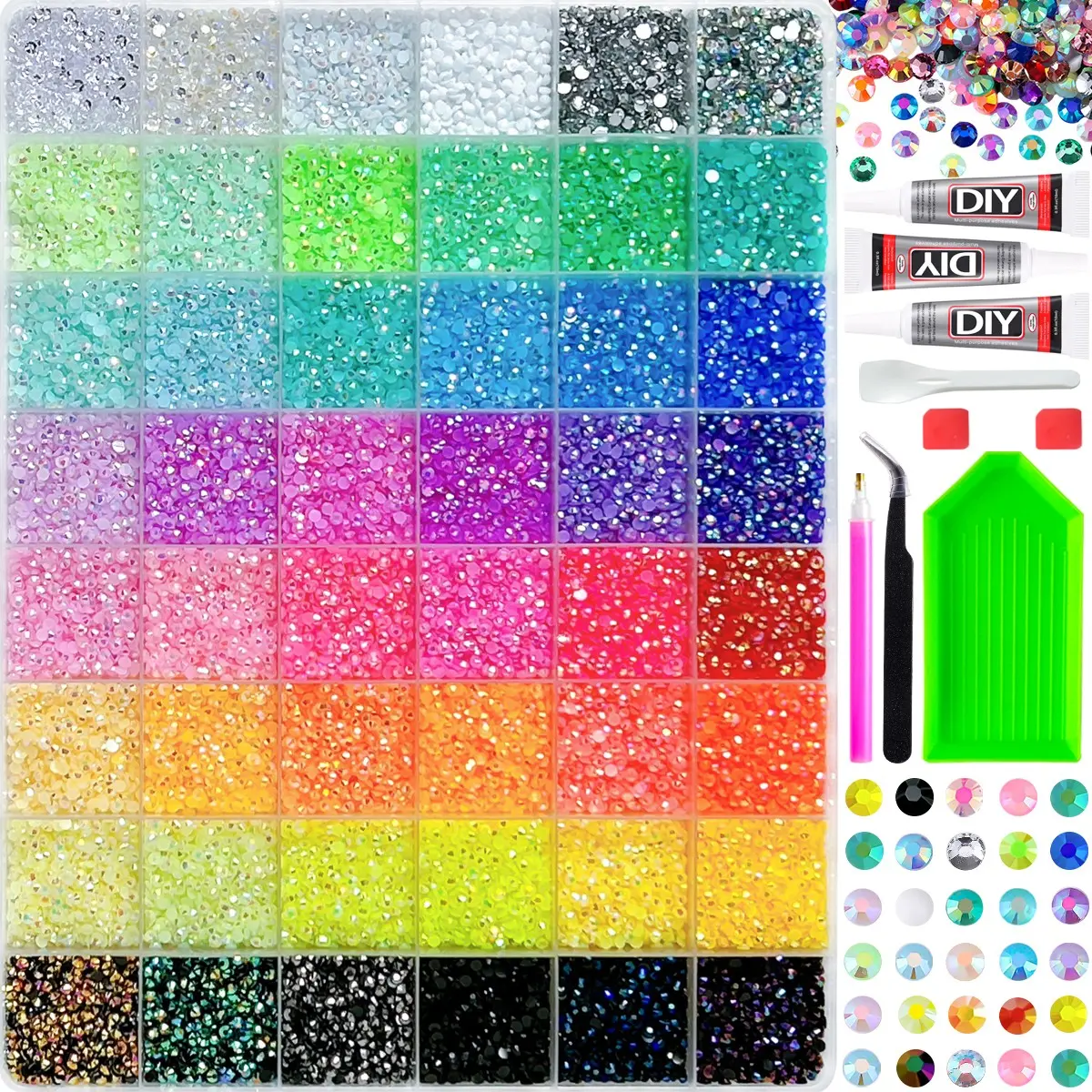 Super shiny multi-color gems for manicure supplies，Y2K aesthetic bling set with professional glue 💎48 Color Rainbow Nail Art Rhinestones Gift Set, Multicolor Flat Back Drills, Includes Glue, Tray, Tweezers, Perfect for DIY Crafts