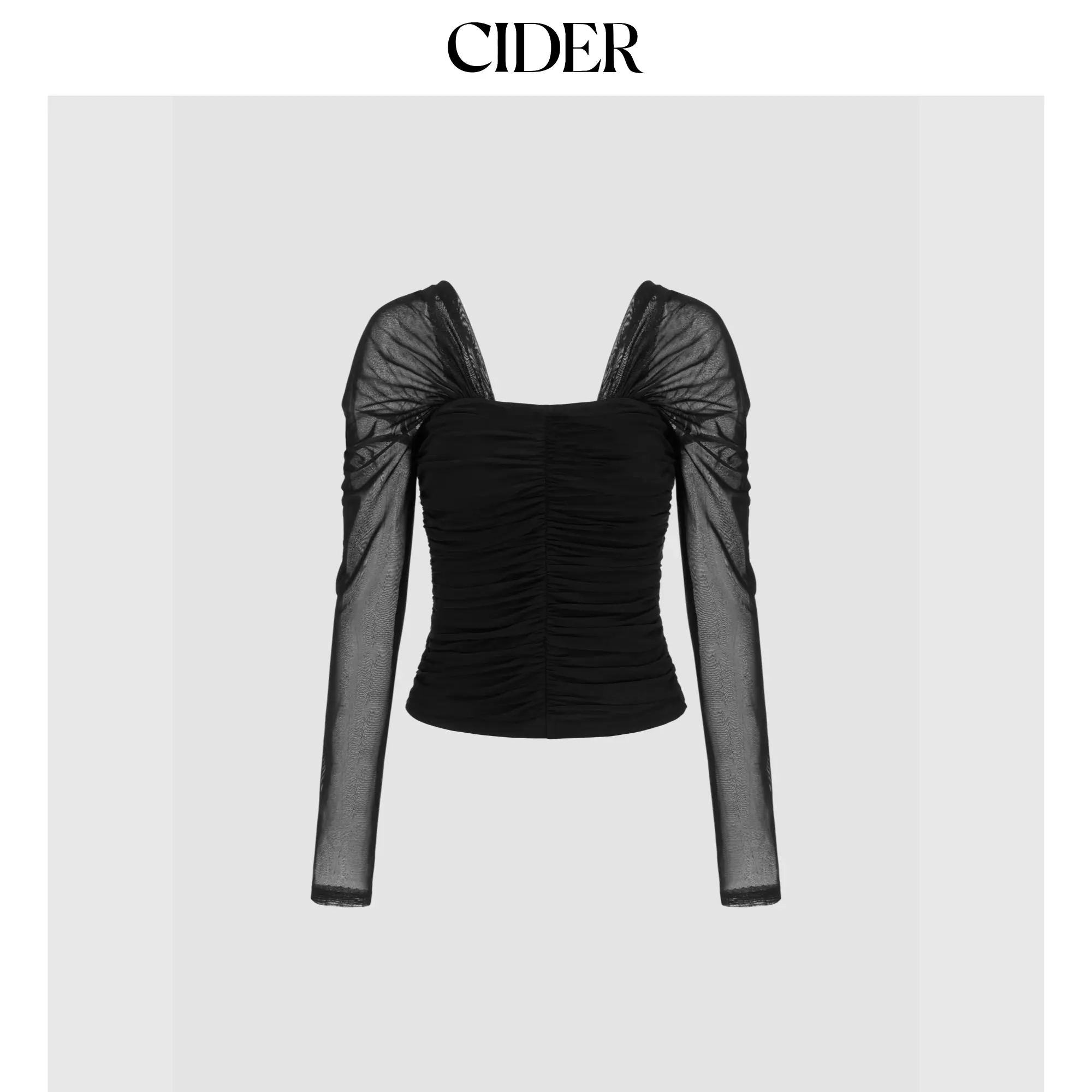 Cider [size 2-26] Mesh Square Neck Ruched Long Sleeve Top SohoChic