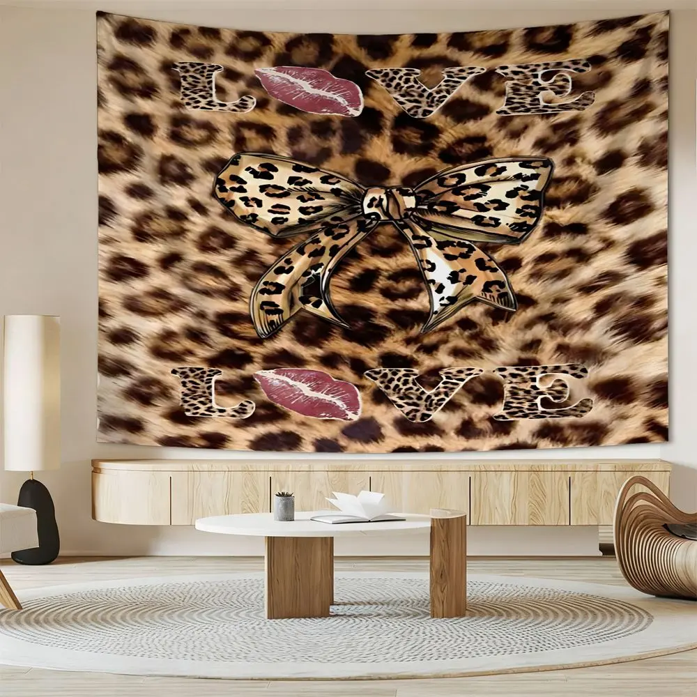 Leopard Print Bow and Lips Tapestry, Aesthetic Trendy Wall Hanging Tapestry, Vibrant Digital Print Home Decor, Fashionable Wall Tapestry for Bedroom and Dorm, Chic Leopard Pattern Art Wall Hanging