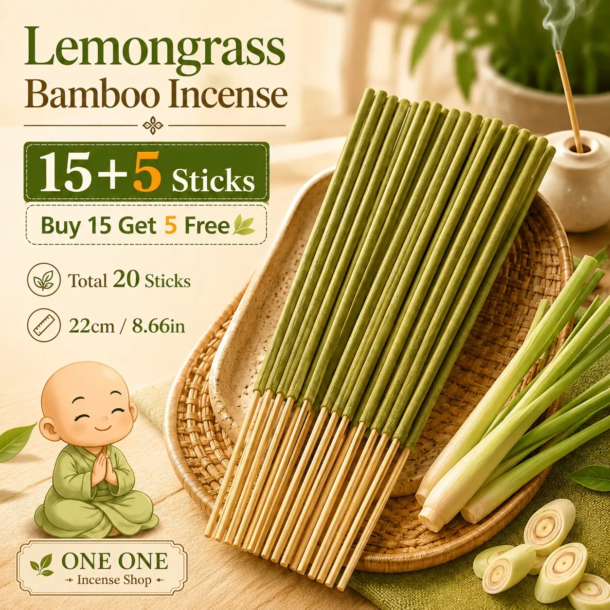 Large Capacity 12.6in Lemongrass Incense Sticks, 20/60/110/200 Pieces, Mosquito Repellent, Odor Eliminator, Yoga Meditation Aromatherapy