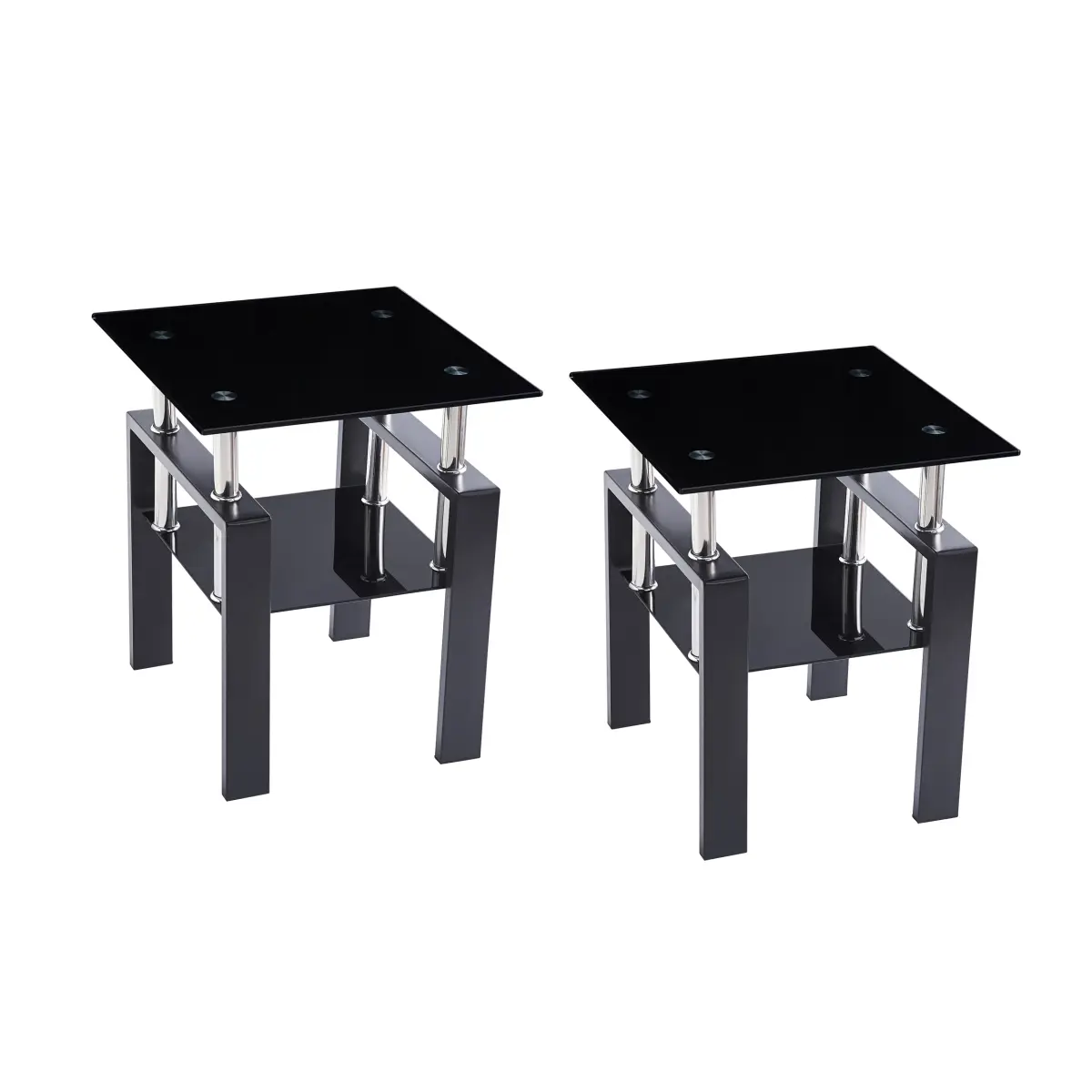 Fahuac 2-Piece Black Modern Tempered Glass End Tables - Metal Geometric Tubular Legs, Waterfall Edge, Clean Lines, Adjustable, Easy Assembly, Flat-Packed with Instructions, for Living Room Nightstand Use, Two Piece Set