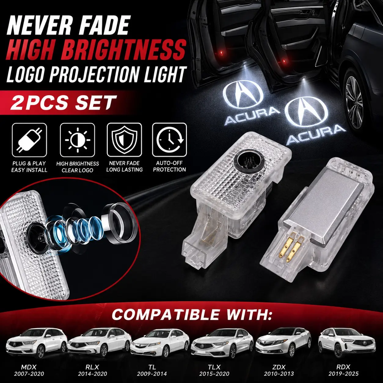 2PCS LED Car Door Logo Projector Lights for Acura MDX RLX TL TLX ZDX RDX | Ghost Shadow Welcome Puddle Lamps | Plug & Play HD White Projection | No Drill Required | Auto Power-Off Protection Vehicle Welcome Light