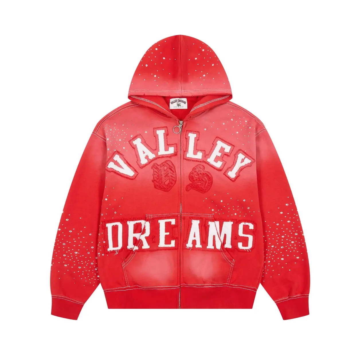 VALE Classico Black Zip Up Hoodie, Rhinestone Patch Embroidery Washed Cotton Jacket, Distressed Y2K Streetwear Sweatshirt, Unisex Oversized Outerwear