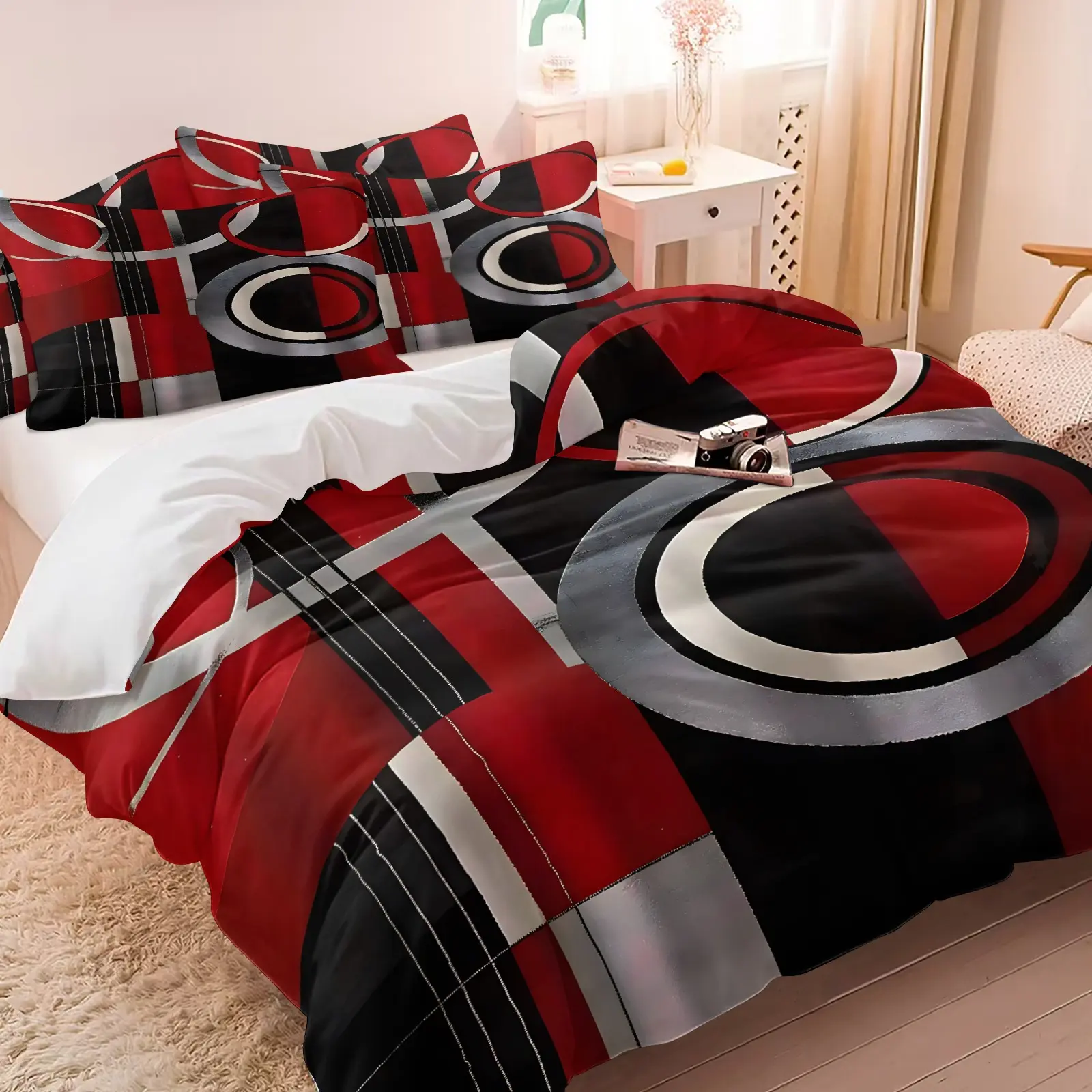 2/3Pcs Red Black Silver Geometric Ring Duvet Cover Set Soft Microfiber Modern Abstract Line Printed Bedding Set Minimalist Luxury Bed Cover No Comforter For Contemporary Bedroom Decor