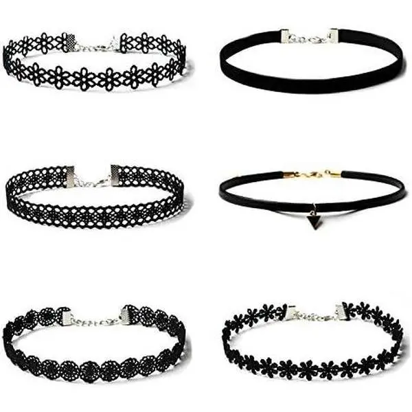 6 count Necklaces Black  Choker Set Classic Gothic  Lace Chokers