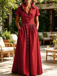 Women's Long Dress with Lapel Collar, Multiple Pockets, Button Design, Solid Color, Casual Fashion, European and American Style