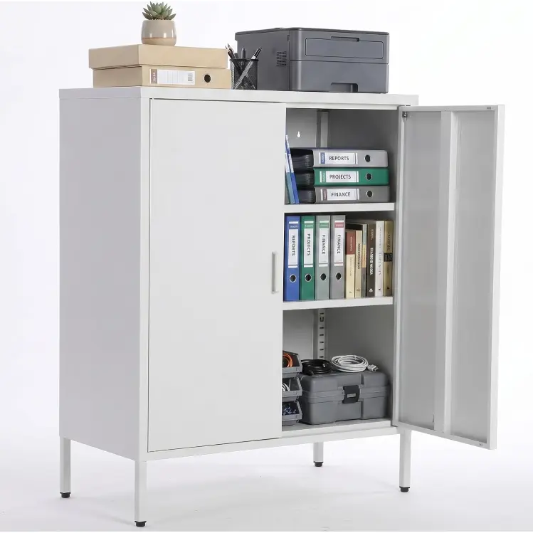 Hosslly Modern 40" Height Rectangular Metal Storage Cabinet - Single Unit Entryway Cupboard, 3-Tier Locker with 2 Doors, 2 Adjustable Shelves, White Accent, Raised Legs for Home Office, Garage