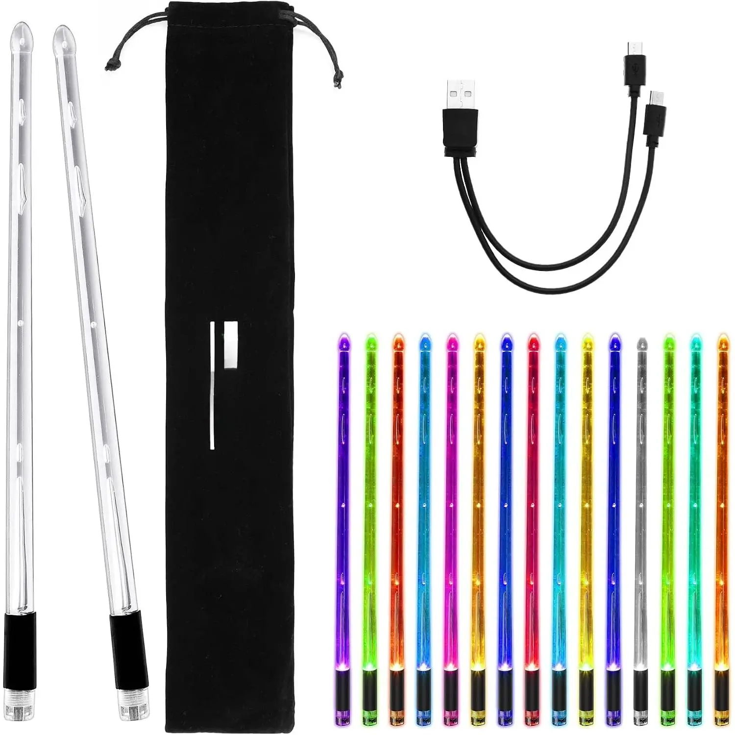 Rechargeable 15 Color Changing LED Light Up Drum Sticks Glow In The Dark Cool Drumsticks with Storage Bag for Adults Drummers Gifts - Durable Professional PC Polymer Material Drum Sticks
