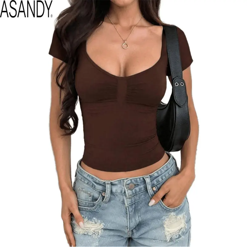 ASANDY Women's Solid Color Ruched Fitted Short-Sleeve T-Shirt - Spandex-Nylon Blend, Versatile 2026 New Arrival for Summer Yoga, Casual Daily Wear, Shortsleeve, Beach, Crop, Soft, Center Ruching, Crop Top, Workouts, Basic Tops, Trending Tops