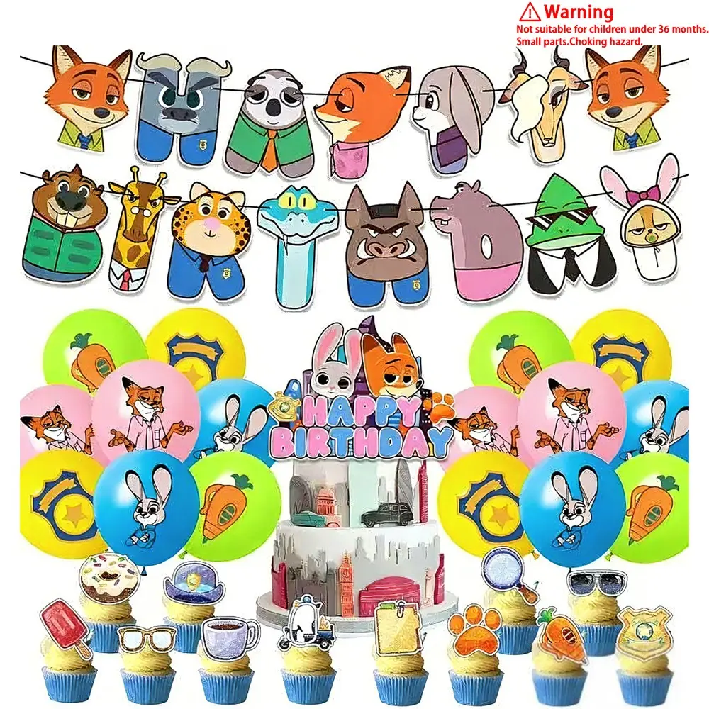 Cartoon & Anime Zootopia Theme Birthday Party Supplies, Birthday Set, Party favors assortment, Decorations Supplies, Including Cute Character Balloons, Character Cake plugins, Happy Birthday banners, Zootopia Movie Theme Fans Collection Decoration