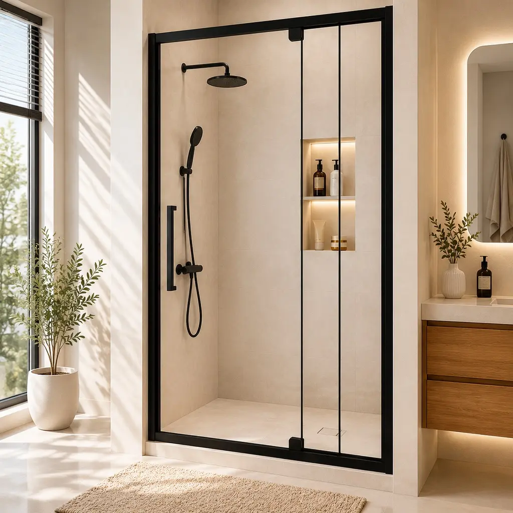 Semi-Frameless Pivot Hinged Easy-Adjust Shower Door, 44-48 in.W x 72 in.H, 1/4" (6mm) Tempered Glass, Matte Black Aluminum Frame, Reversible Left/Right Opening