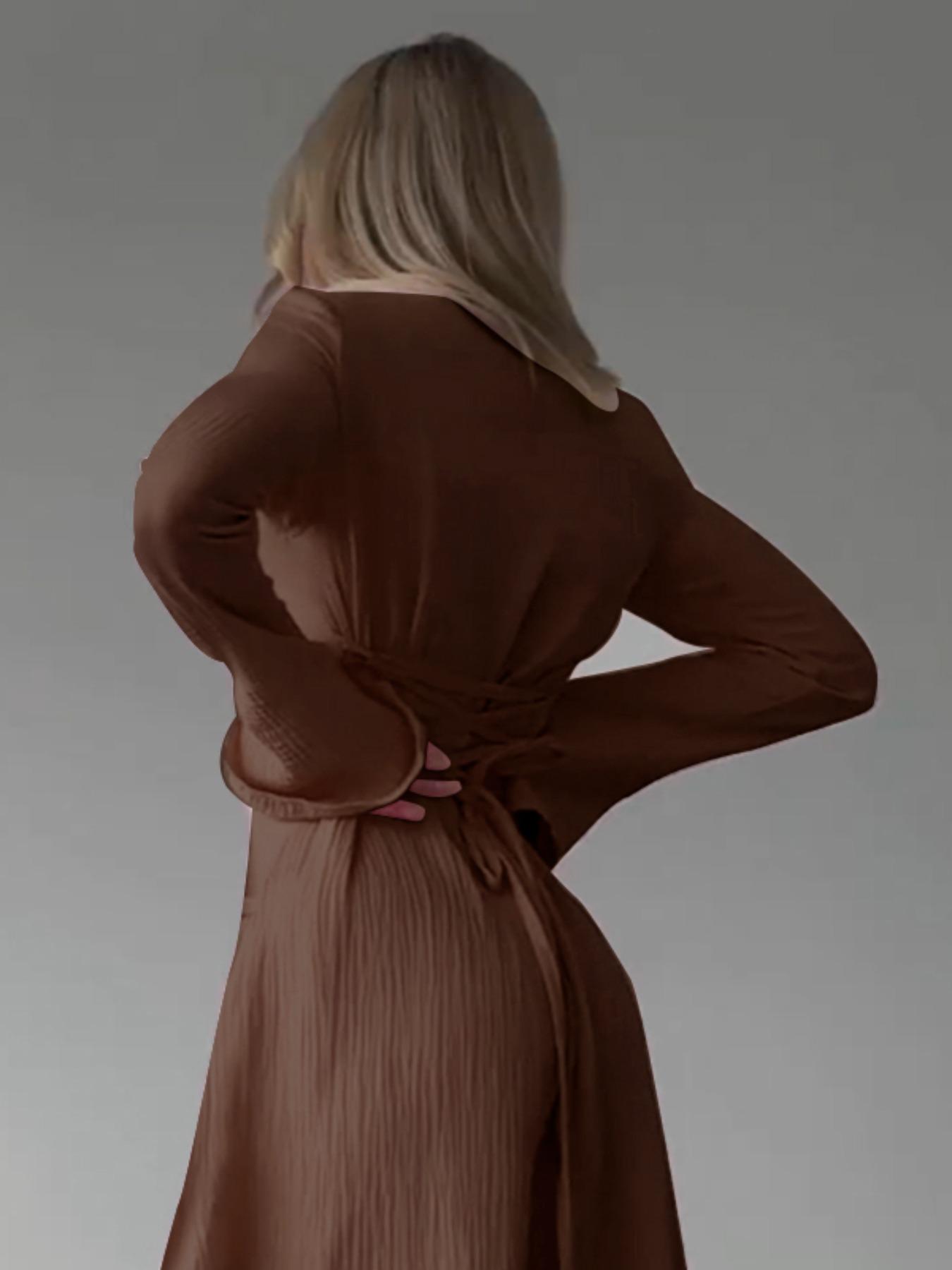 Women's Plain Lace Up Flounce Sleeve Dress, Elegant Square Neck Long Sleeve A Line Dress for Spring & Fall, Women's Clothing for Daily Wear