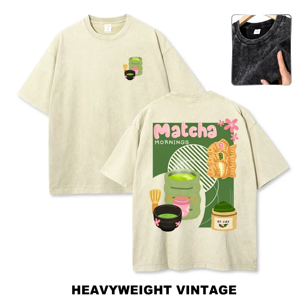 Matcha Mornings Japanese Snack Washed Graphic T-Shirt, Taiyaki & Green Tea Print, Gift For Japanese Dessert & Matcha Lovers,back to school,back to school shopping