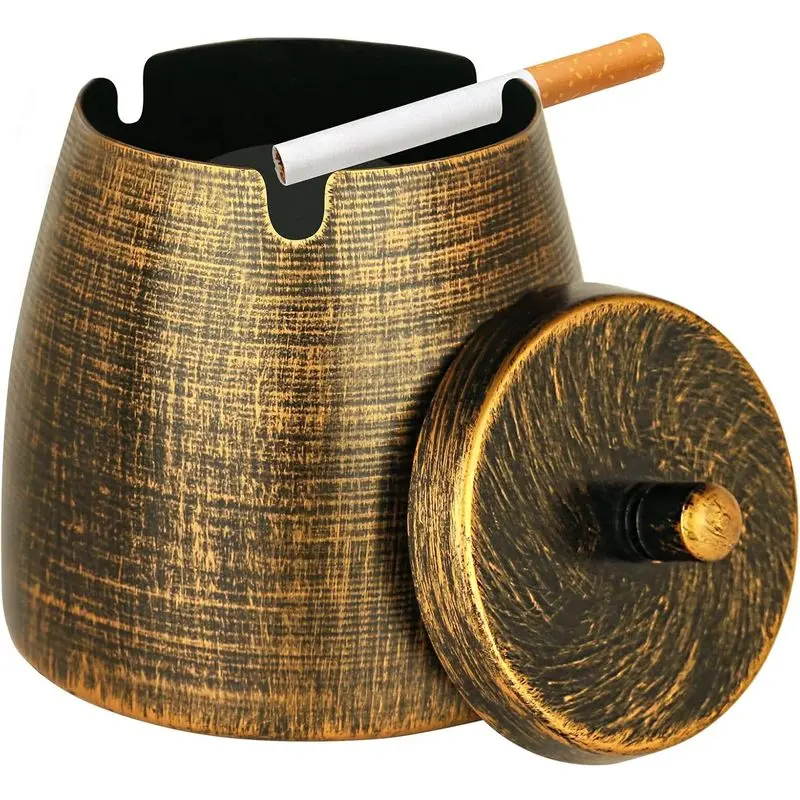 Outdoor activitiesSmall Retro Odorless Ashtray with Lid for Cigarettes Outdoor Rainproof,Metal Decorative Ashtray for Patio Outside Home Indoors Table Decor,Copper
