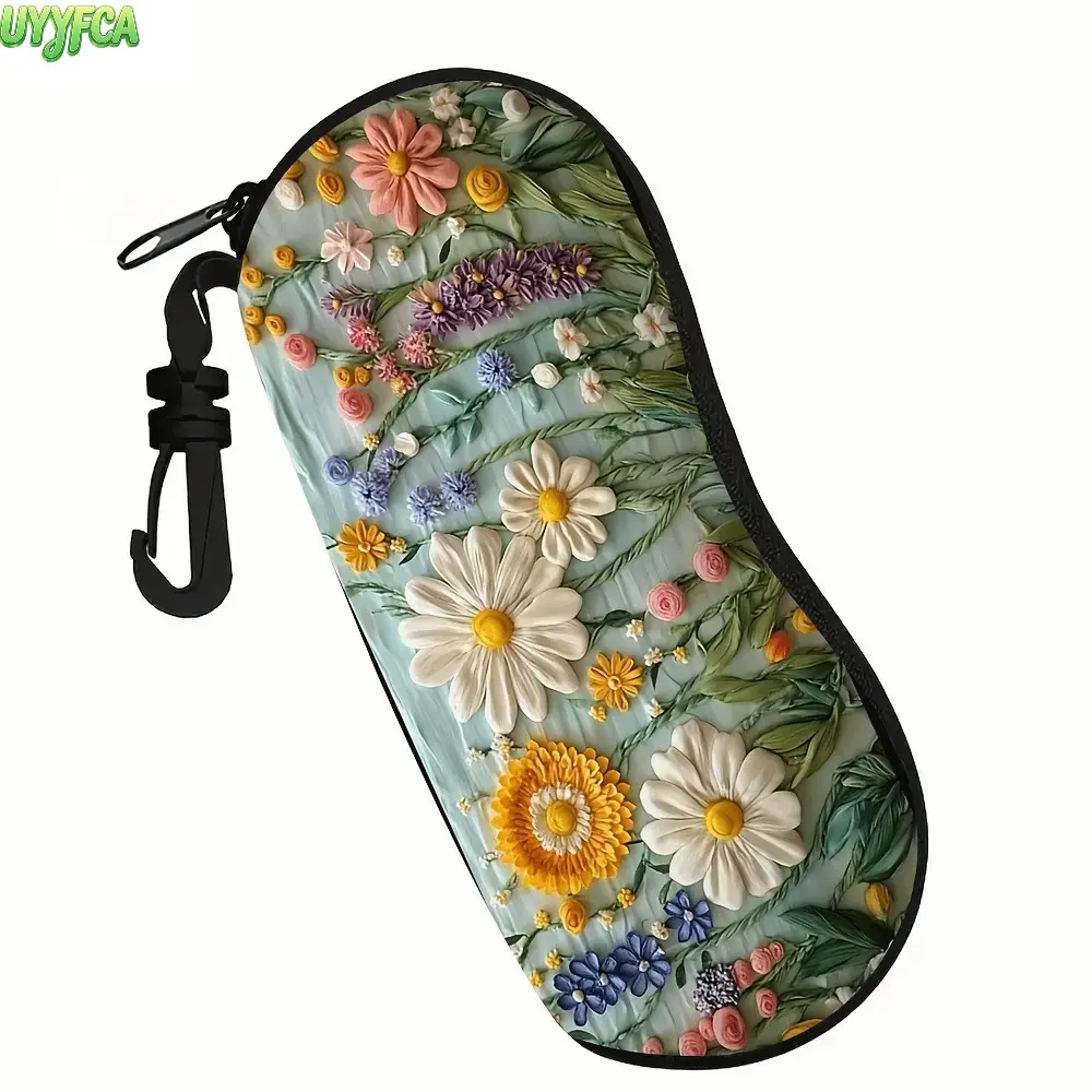 Trendy Daisy Art Glasses Case | Unisex PU Leather Sunglasses Pouch | Zipper Closure for Secure Eyewear Storage |  Cottage Core Eyewear Storage Bag Detachable CarabinerPerfect for Travel, Outdoor & Daily Use,Summervibes tiktokshopbacktoschool