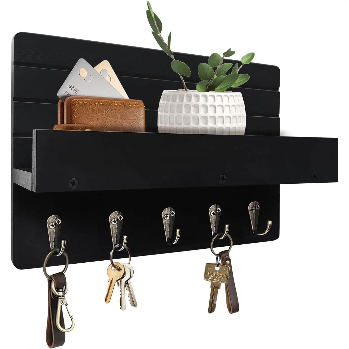 Key Holder Wall Mount, Decorative Key Rack with Shelf & 5 Sturdy Hooks, Rustic Key Hooks for Wall for Mail Organizer   Leash, Glasses, Wooden Key Hanger with Mounting Hardware