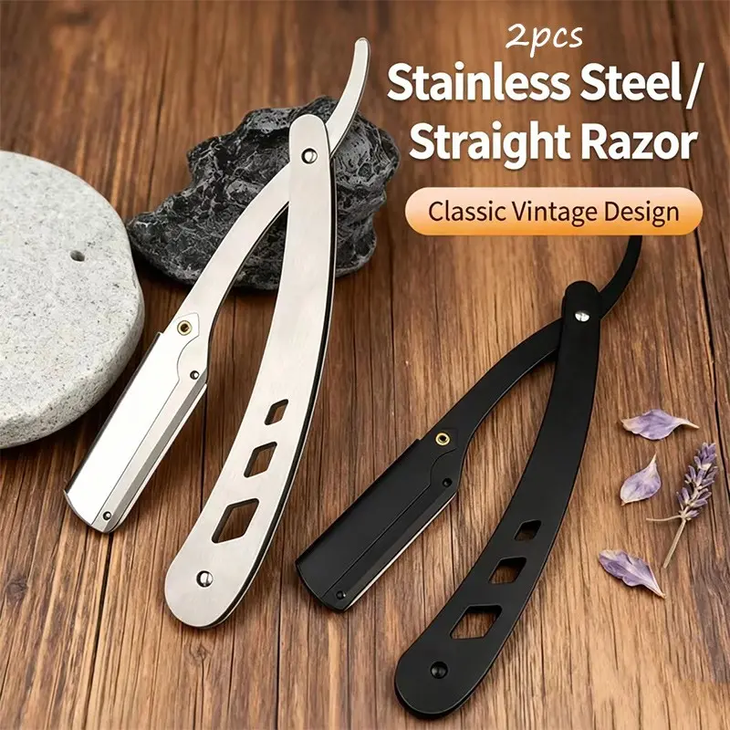 2pcs Manual Safety Razor Set, Stainless Steel Shaving Knife, Handheld Hair Removal Tool, Men's Grooming Kit, Safe & Effective