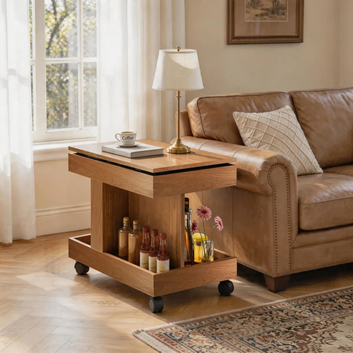 Dufominc  360° Rotating Small Coffee Table with Wheels Rolling End Table with Storage Compartment Mobile Bedside Table for Living Room Bedroom Natural Home Furniture