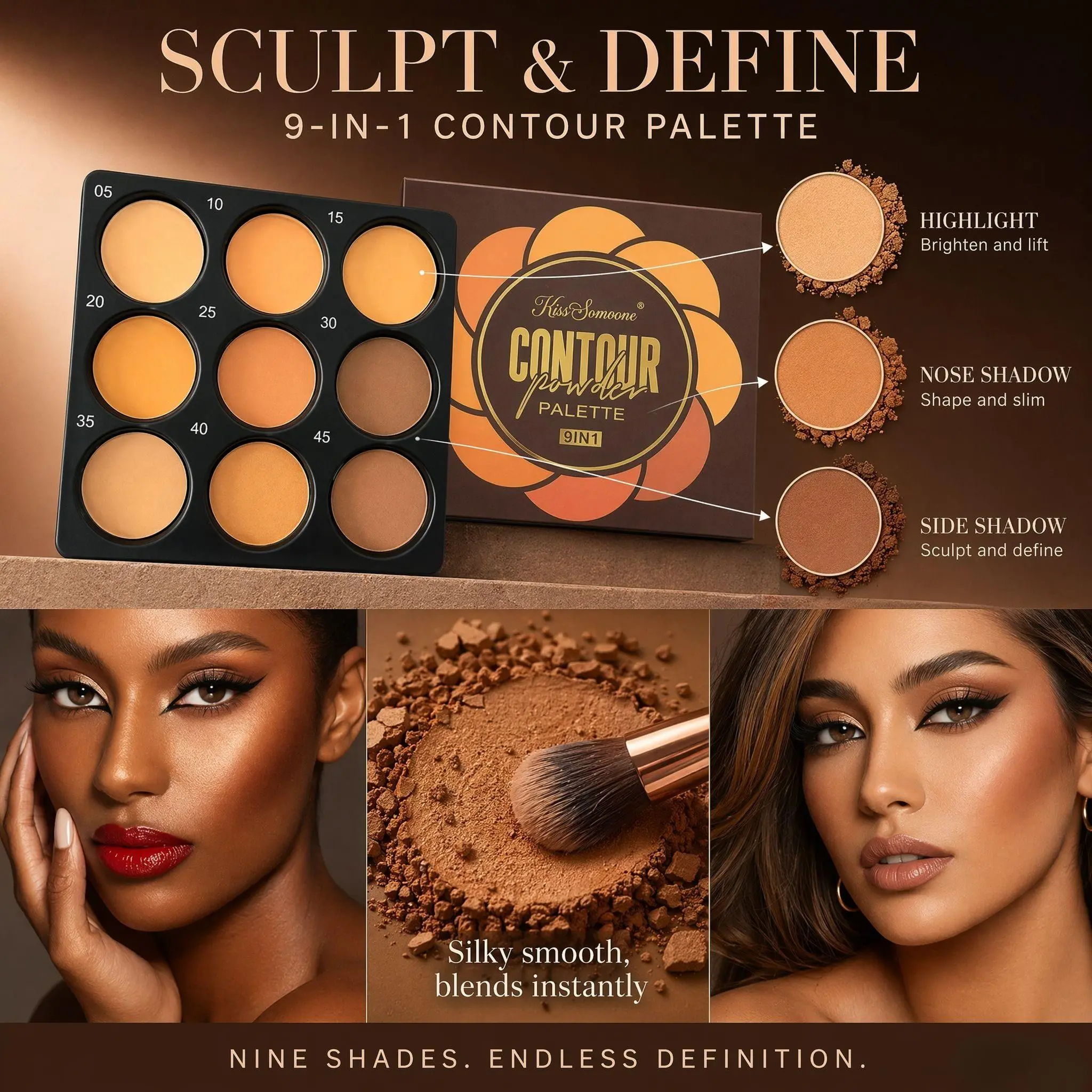 9-color matte contour, Contour Bronzer Makeup, Matte Powder Bronzer and concealer palette, suitable for medium to deep skin tones, with highlighting and sculpting effects, waterproof, sweat-resistant, long-lasting, ideal for daily commute
