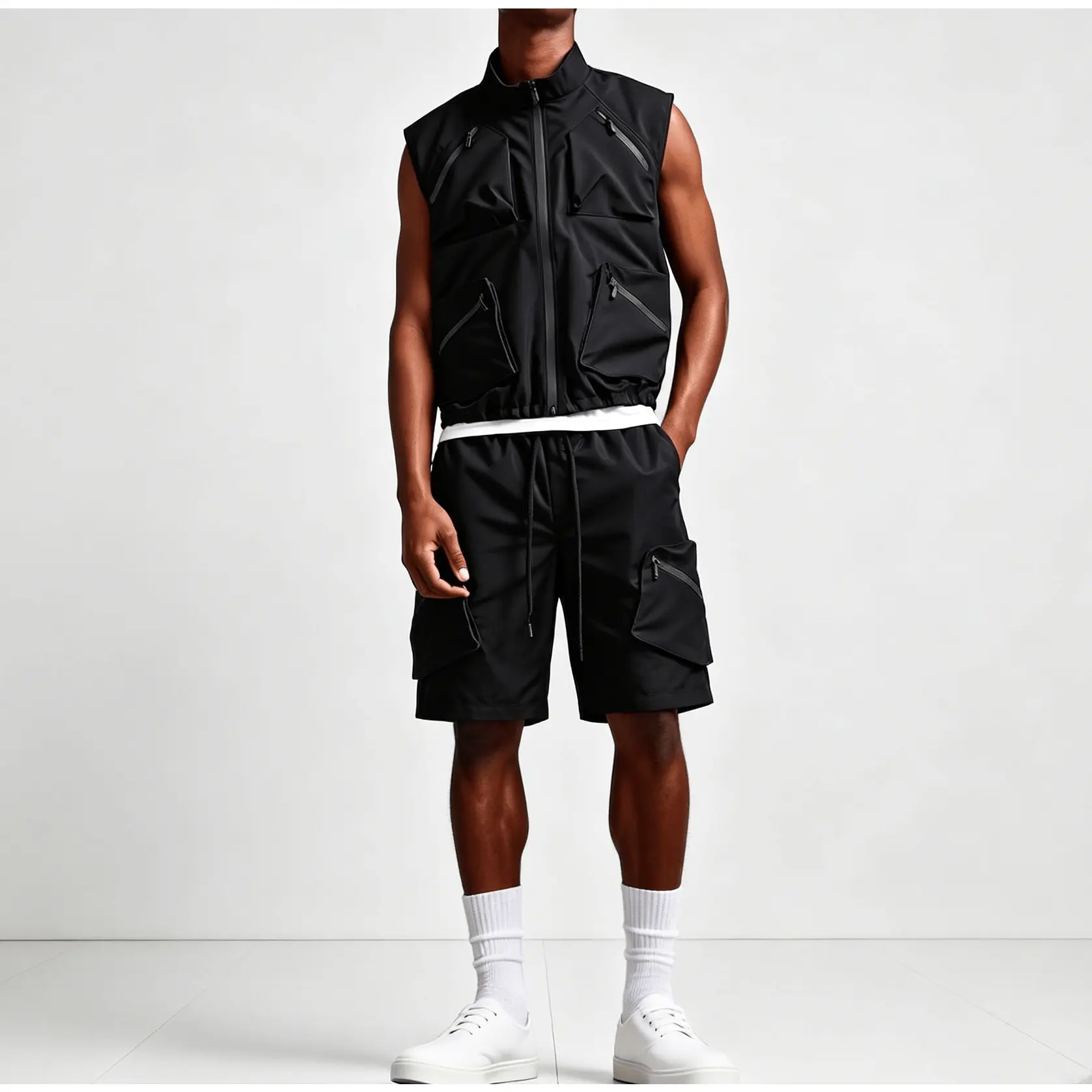 Men's 2-Piece Techwear Cargo Clothing Set - Breathable Streetwear with Sleeveless Multi-Pocket Vest, Zippered Drawstring Elastic Hem Shorts, Polyester Knit Fabric, Knitting Texture, Zippered Details for Outdoor Summer Casual Outfits
