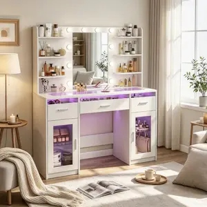 Bestselling Home Furniture Supplies  Modern LED Vanity Desk with Mirror,  Lighted Drawers & Glass Top, Makeup Table with Power Outlet, Storage Shelves & Cabinets for Bedroom, White