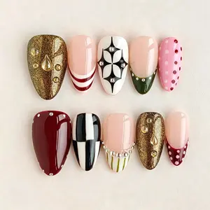 EclatNails 10pcs Handmade Almond Press On Nails, Glittering Fake Nails, Nude Fake Nails Checkerboard, Polka Dot Prints, Glitter and Rhinestone Decorations, Reusable Removable Nail Tips for Women & Girls, Ideal for Valentine’s Day, Festivals and Daily