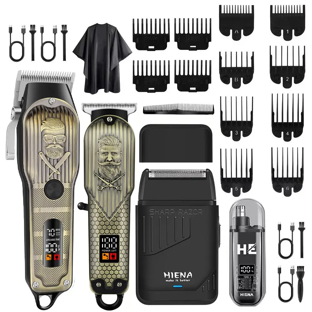 HIENA Men's Hair Trimmer, 4-Piece Set, Rechargeable Cordless Trimmers, Wireless Hair Trimmer Kit Includes LED Hair Trimmer, Sculpting & Trimming, Nose Hair Trimmer, Foil Shaver, Rechargeable Men's Trimmer for Home & Salon Use