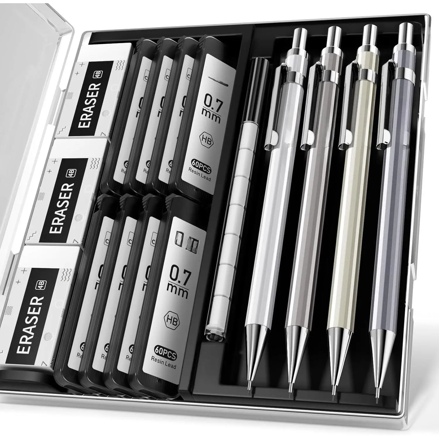 Mechanical Pencil Set, 0.7mm 4-Pack with Case, Metal , Medium Point | 480 Leads, 3 Erasers+9 Refills, For School Writing, Sketching, Art Drawing & Professional Drafting