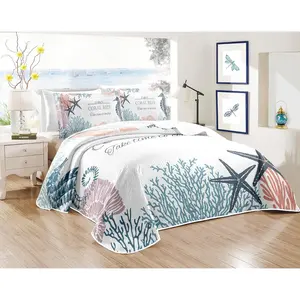 Coastal Bedding King Size 2 Shams, Nautical Beach Comforter Sets Ocean Bedspreads Coastal Coverlet Summer Bedding, 96''x106''