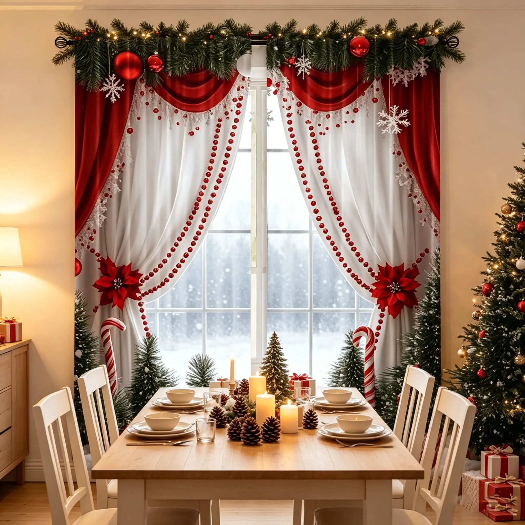 2 sets of luxurious European-style Christmas curtains, featuring classic Christmas elements such as pine branches, red drapes, mini Christmas trees, walking stick candies, etc., suitable for living room, bedroom and kitchen.