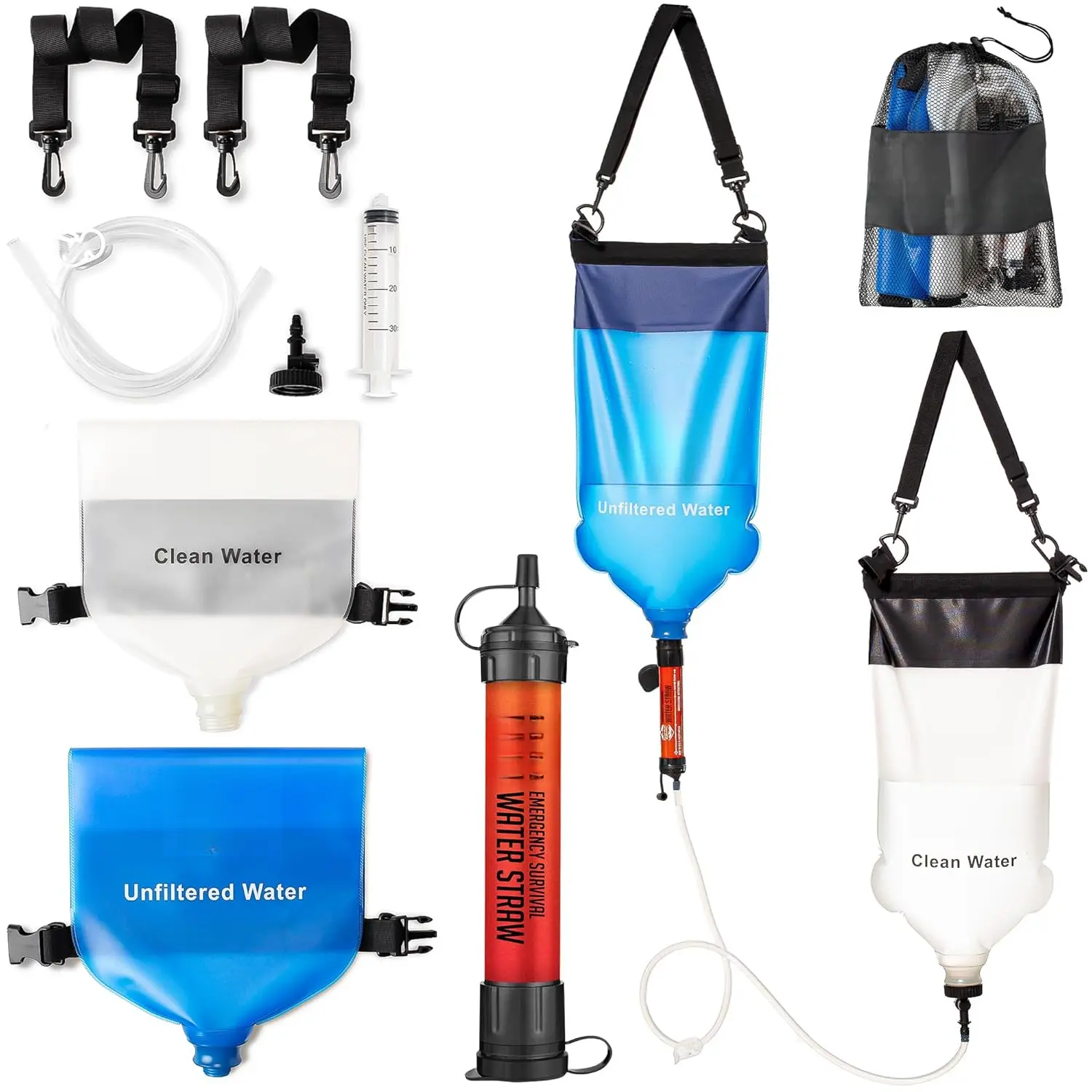 Gravity Water Filtration System – 2 High Capacity Lightweight Hanging Bags  Backpacking, Camping, Survival, Hiking, Hunting - Dirty, Clean Water Bags, Water Filter and Cleaning Plunger Included