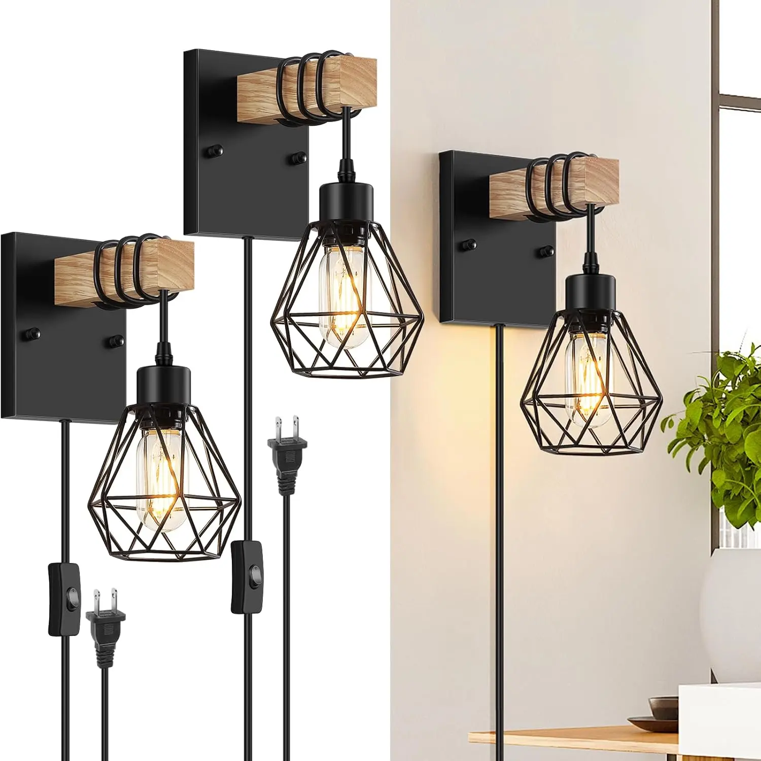 Plug in Wall Sconces Set of Two, Vintage Wood Wall Lamps with Plug in Cord, Farmhouse Wall Light Fixture with 5.25FT On/Off Switch Cord, Indoor Sconces Lighting for Bedroom Living Room