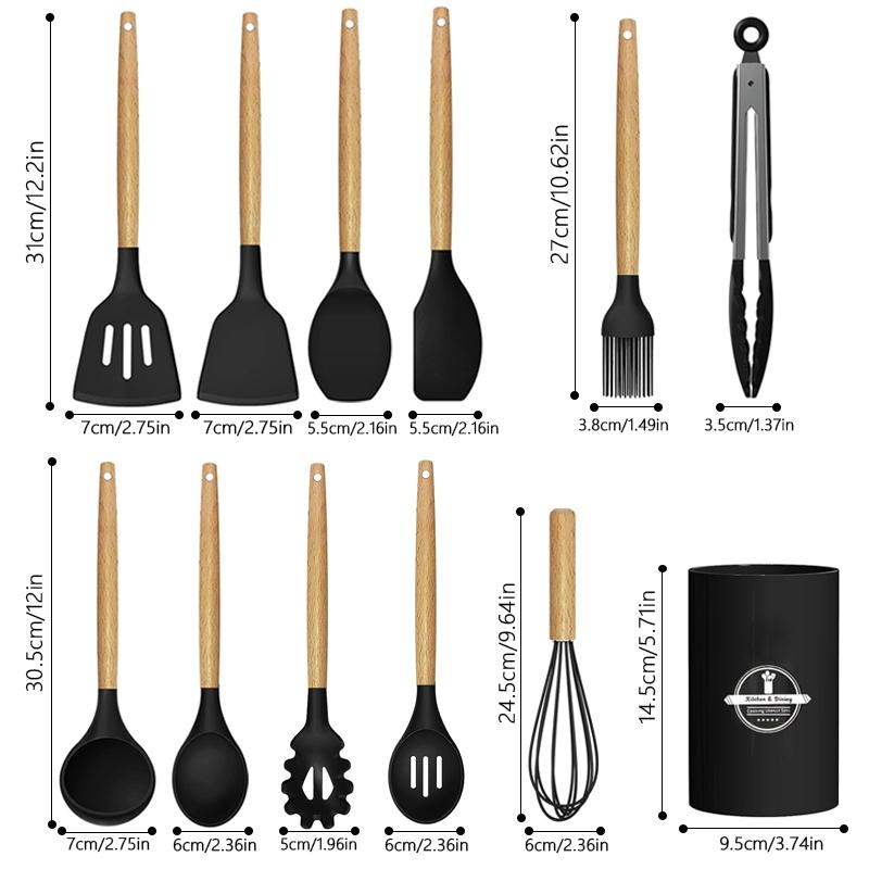 Silicone Cooking Utensils Set with Wooden Handle (12pcs/set), Non-stick Spatula Set, Kitchen Cooking Utensils Set, Birthday Gift Ideas, Kitchen Gadgets Utensil Set, Back To School Candy Kitchen Accessories, Fall Decor, Home Decor