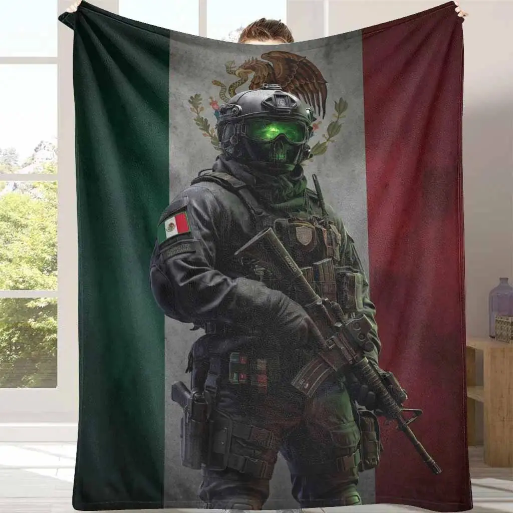 Tactical Soldier Flannel Throw Blanket - Multi-Size, Traditional Look, Military Skull Mask & Mexican Flag Print, Wrinkle-Resistant, Soft, Warm, Durable, Lightweight, Patriotic Home Decor Gift for Bedroom, Sofa